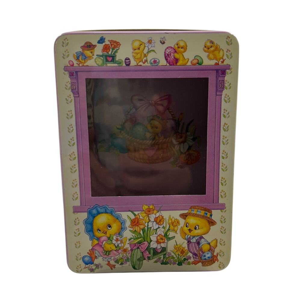 Vintage Easter Basket Floral‎ Chicks Eggs Decorative Tin W Window Unmarked